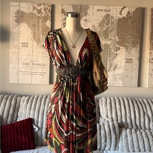 Sky Multicolor Abstract-Print Midi Dress with Deep V-Neck